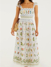 Farm Rio Tropical Porcelain Birds Floral Print Cotton Maxi dress size L