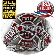 Fire Fighter   Fireman   Fire Department Men's Western Belt Buckle   Red Enamel
