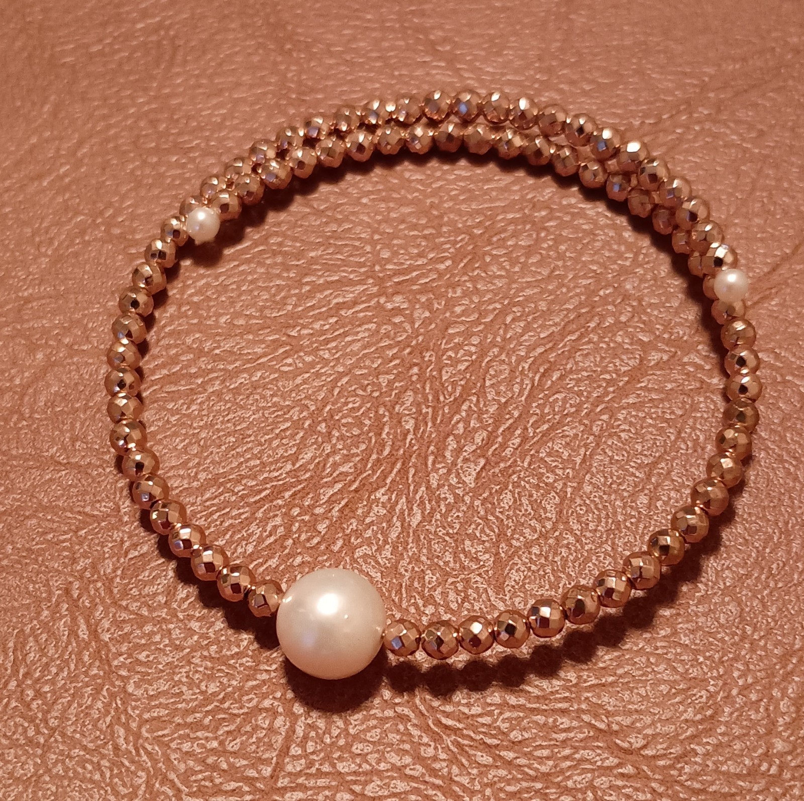 Gold Tone Beaded Stackable Bracelet with Round Wh… - image 1