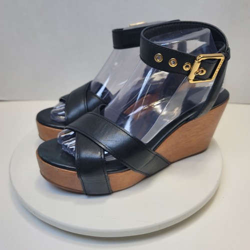 Tory Burch Sandals Blue Almita Leather Wedge Platform Shoes Size 8 - Picture 2 of 18