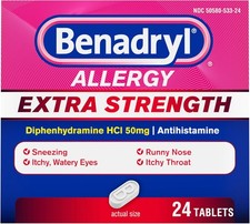 Benadryl Extra Strength Allergy Relief Medicine, 50 mg Diphenhydramine HCl,24 ct