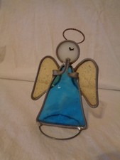 VINTAGE BLUE STAINED GLASS  METAL PRAYING ANGEL SUNCATCHER FIGURE FIGURINE