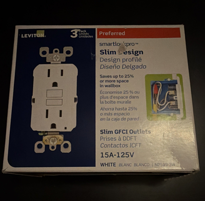 #ad Leviton Slim GFCI Outlets 15A 125V White 3 Pack w Plates New Open Box $29.99