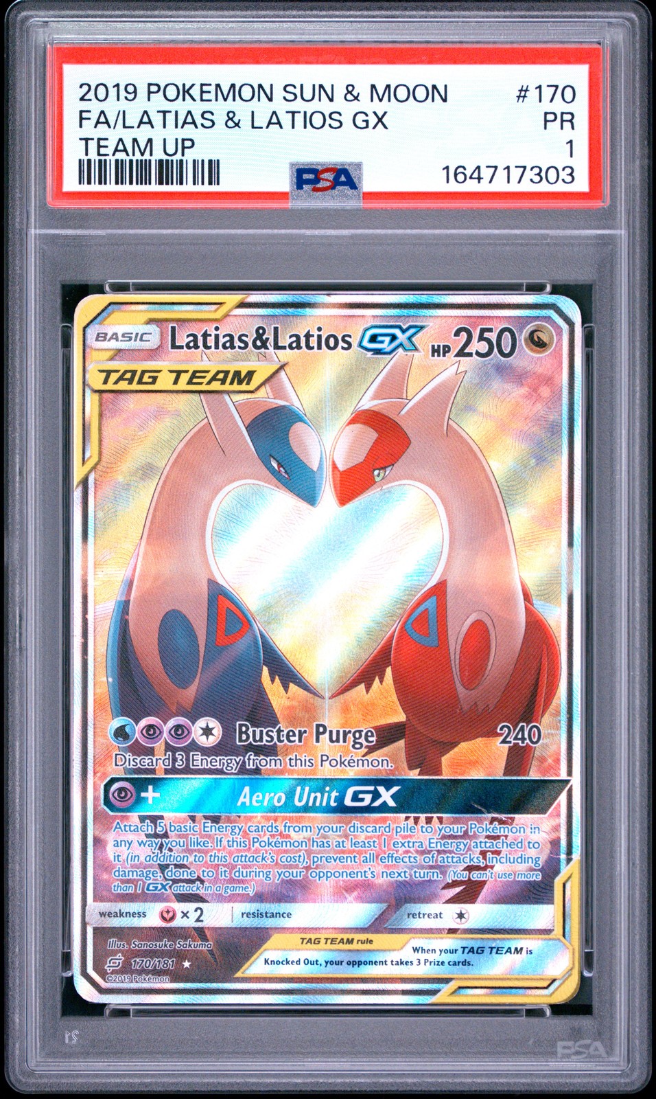 2019 POKEMON SUN & MOON TEAM UP #170 FULL ART/LATIAS & LATIOS GX PSA 1