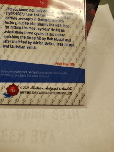 2025 Historic Autographs Babe Herman Did You Know? Orange Ice #/300 Dodgers - Picture 3 of 3