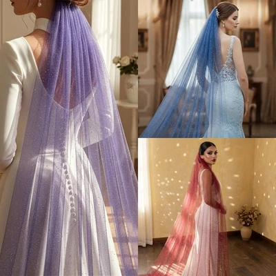 Sparkly Cathedral Long Wedding Veils Purple Blue red Brides veil with comb - Image 1 of 4