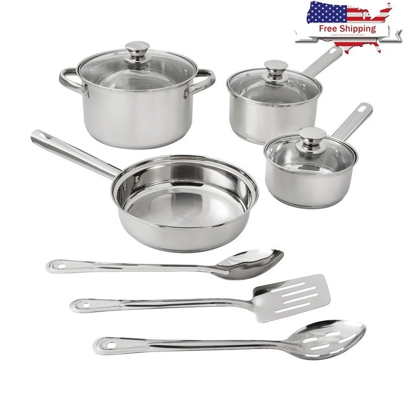 Stainless Steel 10Pc Induction Cookware Set W/ Glass Lids Serving Spoons Spatula