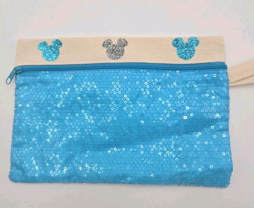 Disney Mickey Mouse Sequin Pencil Case Blue Glitter Cosmetic Zipper Pouch Bag