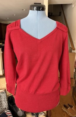 Prime : Women Top Long Sleeve Red Shimmering V-Neck Size Medium  