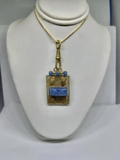 Upcycled Art Deco Blue Art Glass Cabochons Goldtone Filigree Pendant Necklace