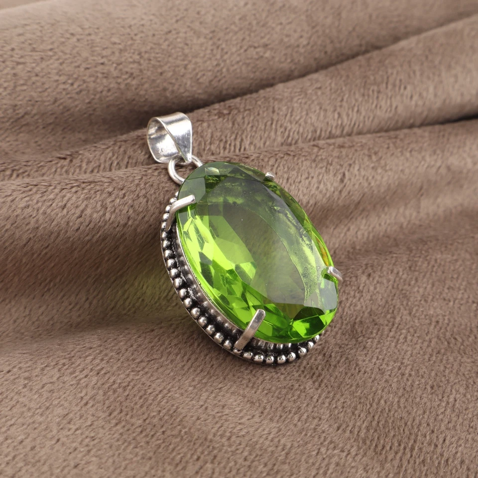 Peridot Gemstone Silver Designer Pendant 1.75" 925 Sterling Silver Jewelry Gift - Image 2 of 4
