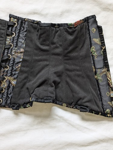 Vintage Embroidered Underbust Corset Lace Up Silky Black Floral Rooster Medium - Picture 13 of 14