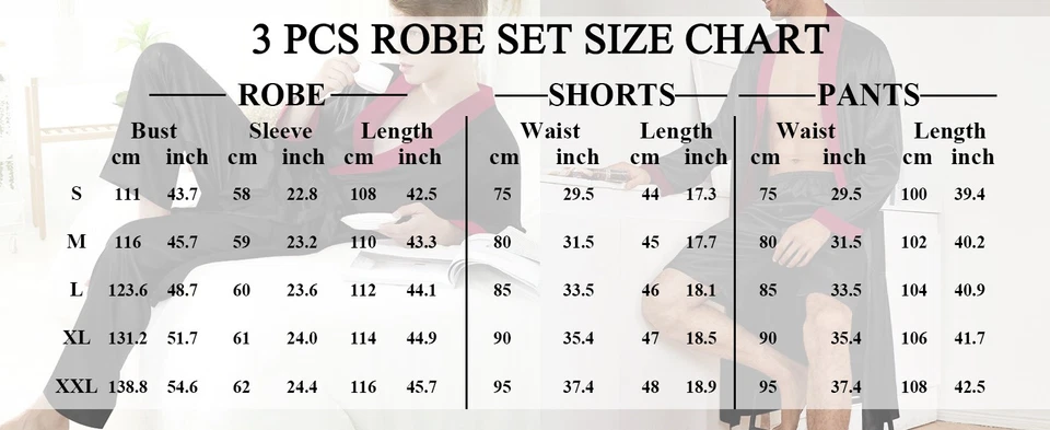 Conjunto de albornoz de satén de seda de 3 piezas para hombre kimono ligero ropa de dormir con pantalones cortos Foto 3 de 4