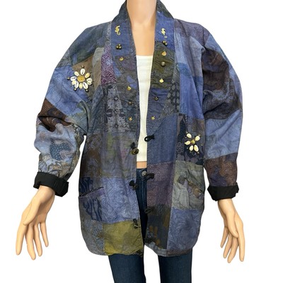 California Gecko Boho Patchwork Jacket Medium Batik Hippie Embellished Button