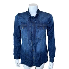 Cabi Womens Waterfront Denim Shirt S Button-front Tie Neck Western Blue 3290