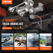 Train Horns Kit - 4 Trumpet Air Horn Kit for Pickup Trucks - 150dB, 12V 160 psi