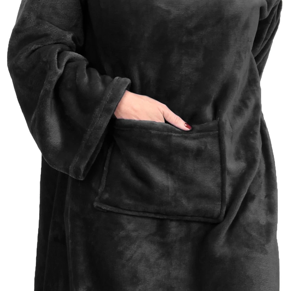 Cálida manta polar Sherpa usable con mangas y bolsillo frontal bata sofá TV Foto 4 de 4