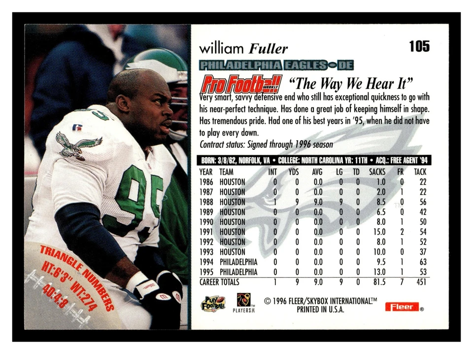 William Fuller #105 1996 Fleer Philadelphia Eagles - Image 2 of 2