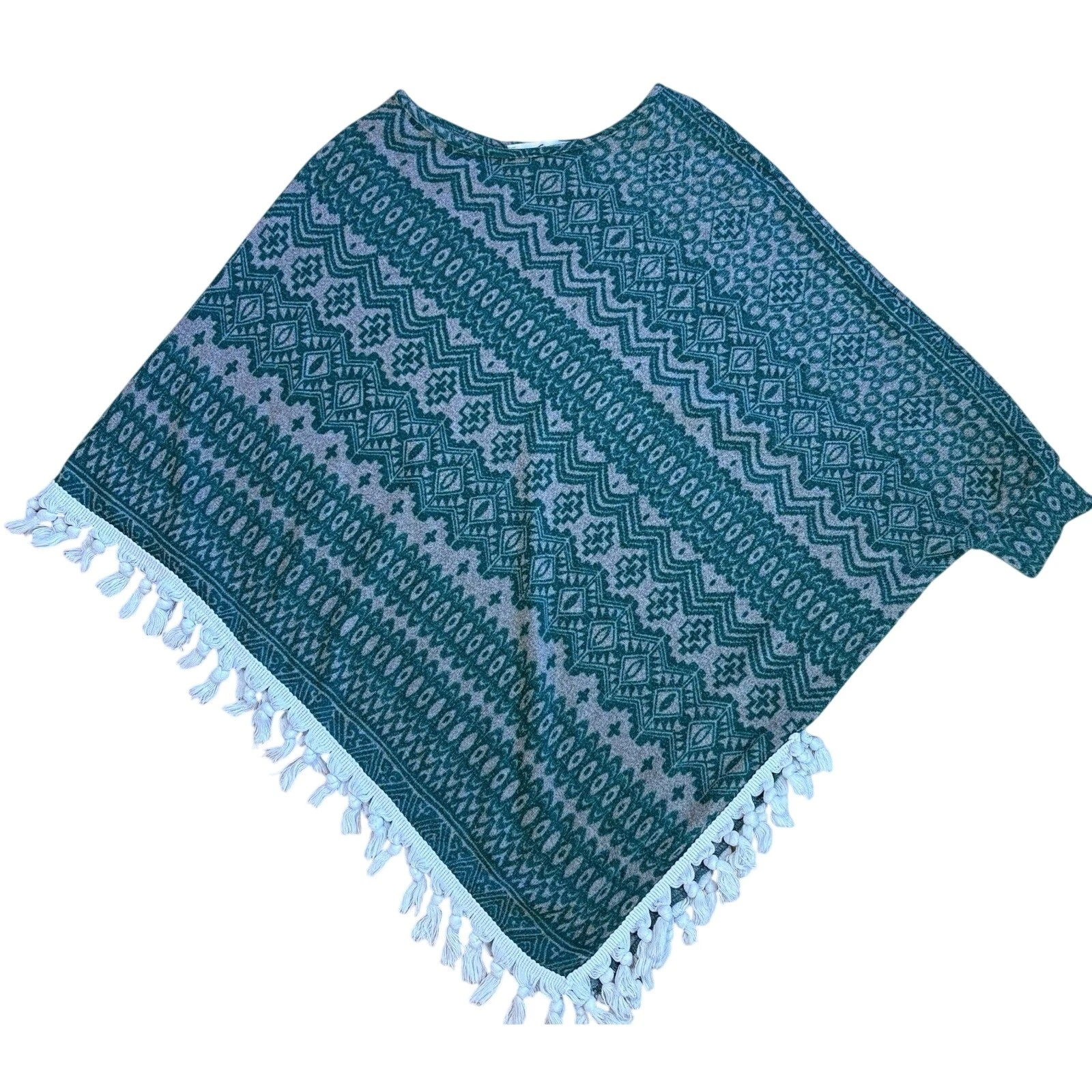 Vtg Va Va Women's Jade Green Poncho Fringe Sweater Sz Sm One Sleeve USA Made