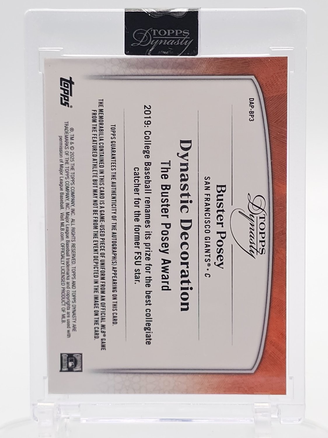 BUSTER POSEY 2025 TOPPS DYNASTY DYNASTIC GAME-USED PATCH AUTO SILVER /5 Q2754 view 2