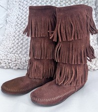 Womens Minnetonka Moccasins 3 Layer Fringe Mid Calf Boots Brown Suede Size 6