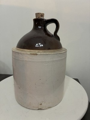 Vintage Stoneware Whiskey Jug Brown White Crock Cork 1 Gallon 11'' AS IS 