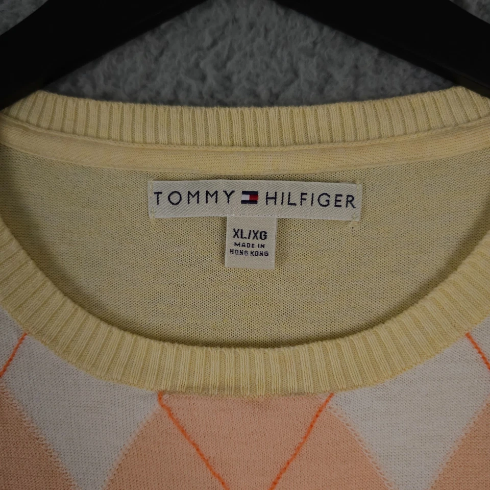 Tommy Hilfiger Sweater Womens XL Yellow Orange Argyle Short Sleeve Academia Knit - Image 3 of 4