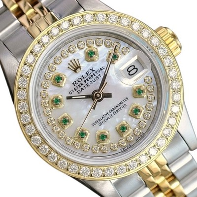 Rolex Datejust 18K Gold Steel White Dial Diamond Bezel 26mm 69173 Ladies Watch