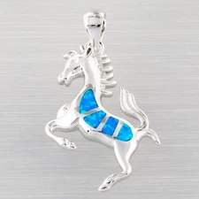 Jumping Horse Pony Ocean Blue Fire Opal Silver Jewelry Necklace Pendant