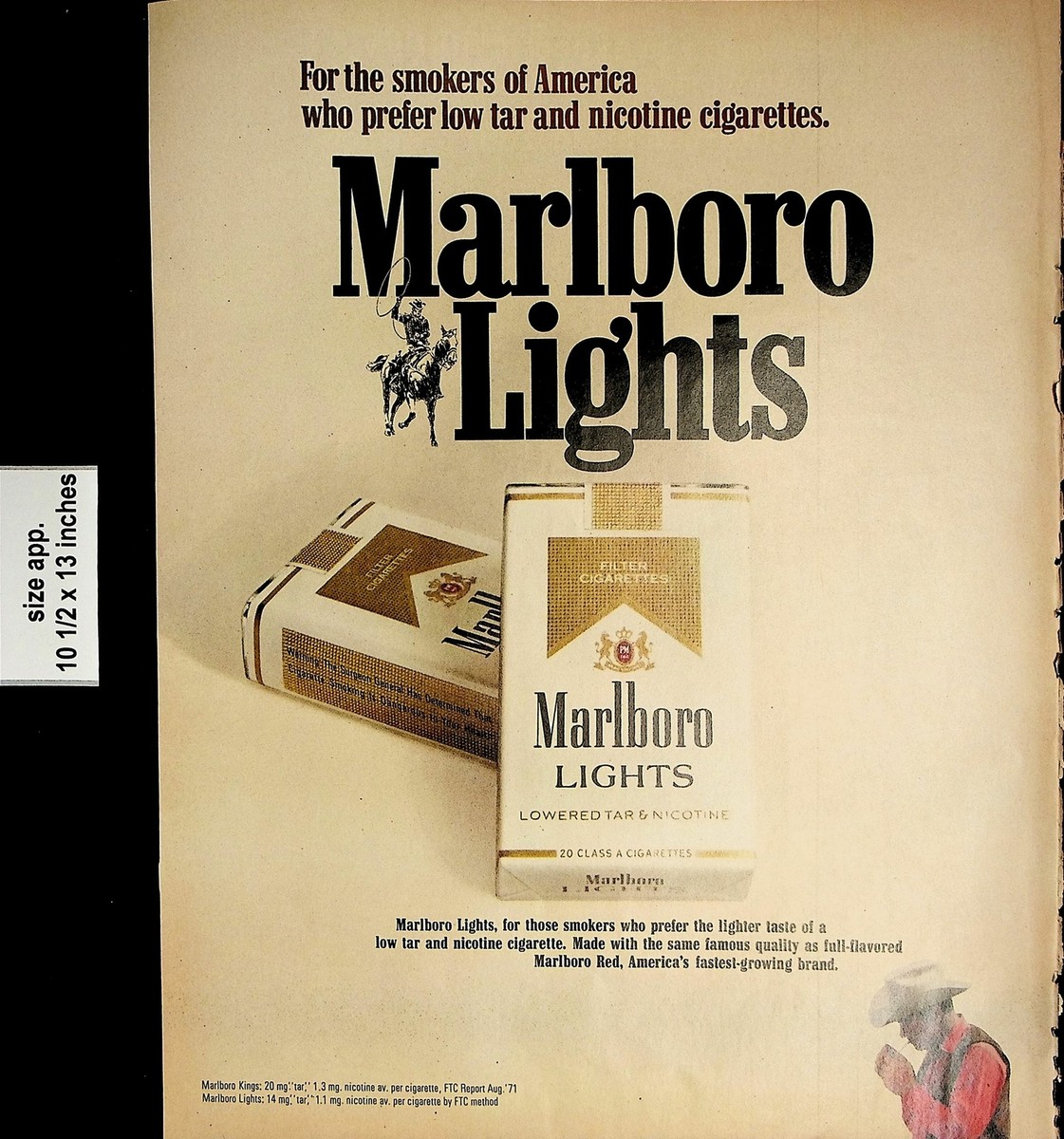 best tasting marlboro cigarette 1972 Marlboro Lights Lowered Tar and Nicotine Vintage Print Ad 04970