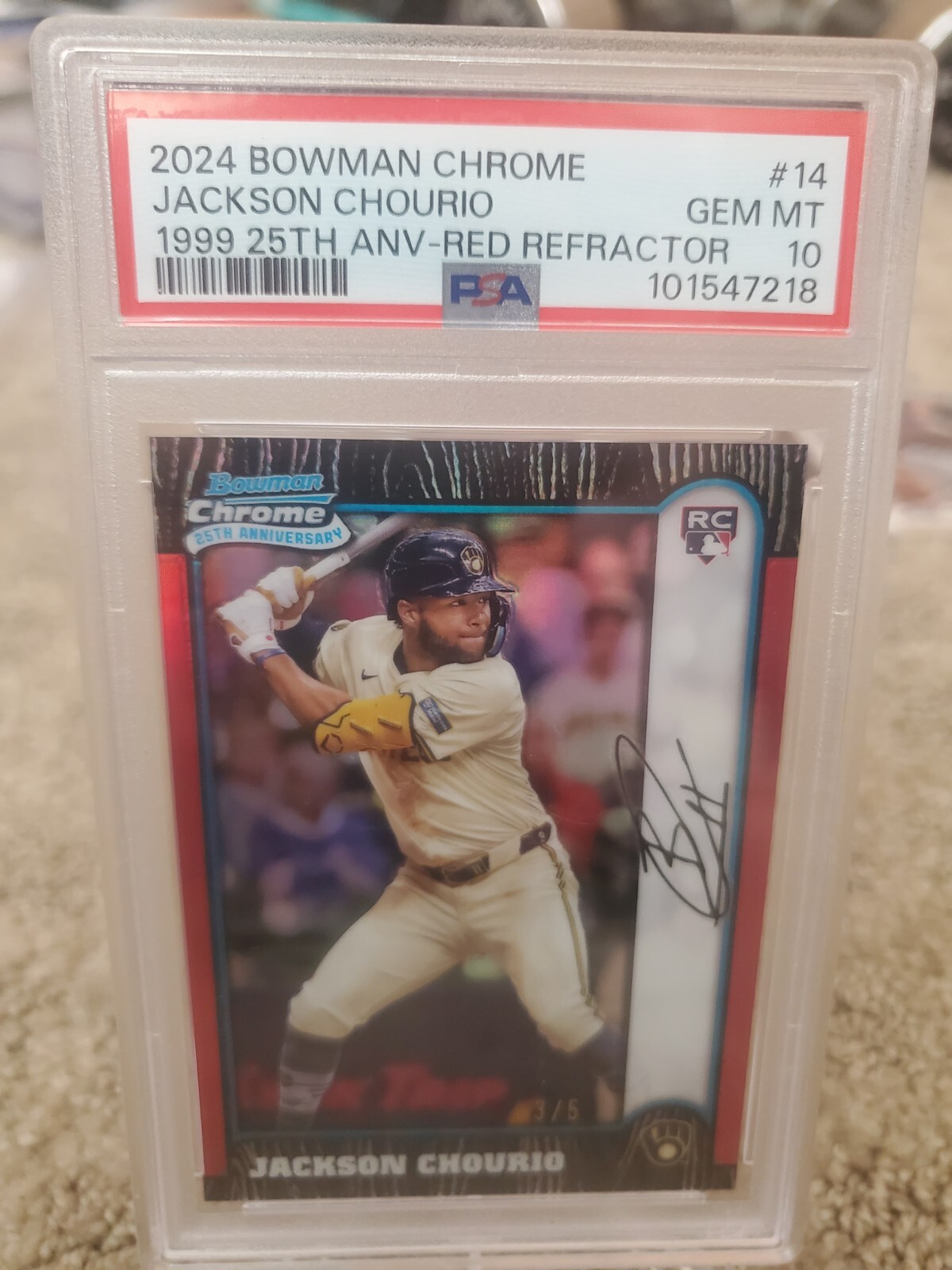 2024 Bowman Chrome 1999 25th Red Refractor Jackson Chourio Brewers RC /5 PSA 10!