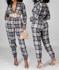 New Women Stylish Long Sleeves Zipper Solid Chekered Casual Long Jumpsuit