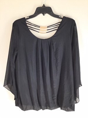 EMBER Missy Black Stretch Net Bell Sleeve Gold Tube Bead Tiered Back Top Shirt L