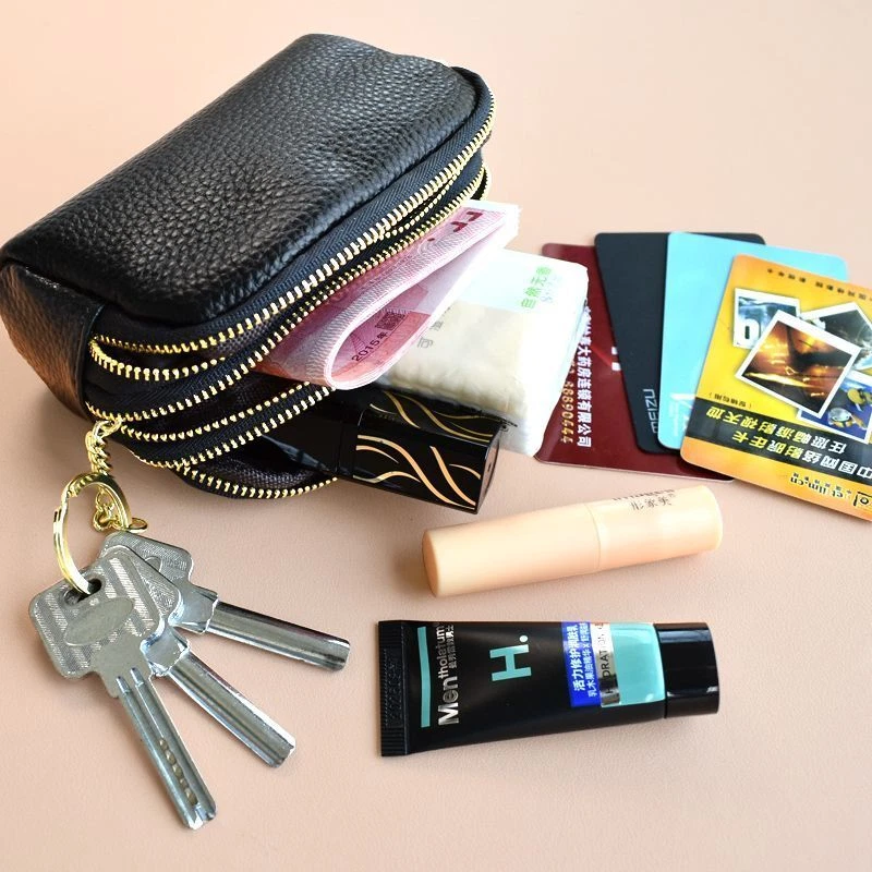Cartera de cuero para mujer 3 cremalleras bolsillo monedero mini bolsa llavero pequeño bolsos Foto 3 de 4
