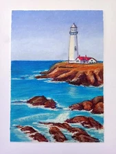 Original Landscape Painting, Seascape with lighthouse, Oil pastel on paper A4