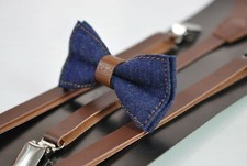 Boy Kids Navy Blue Denim Brown Faux Leather Bow tie  Brown Leather Suspenders