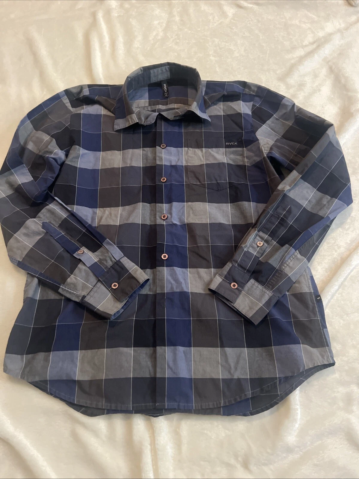 RVCA Mens Shirt Medium long sleeve button up Blue plaid Regular Surf Beach