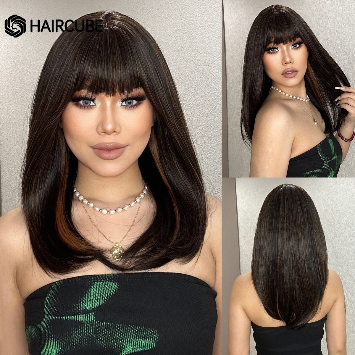 HAIRCUBE Black Brown Mixed Blonde Highlight Synthetic Wigs 