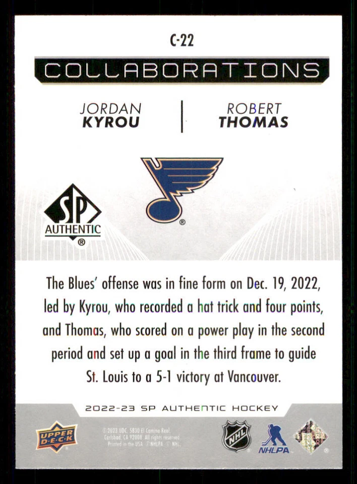 2022-23 SP Authentic Collaborations #C22 Jordan Kyrou/Robert Thomas - Image 2 of 2