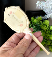 Vtg MCM Tiny IVORY WHITE Pink BABY BRUSH Floral Celluloid Plastic 6" Doll