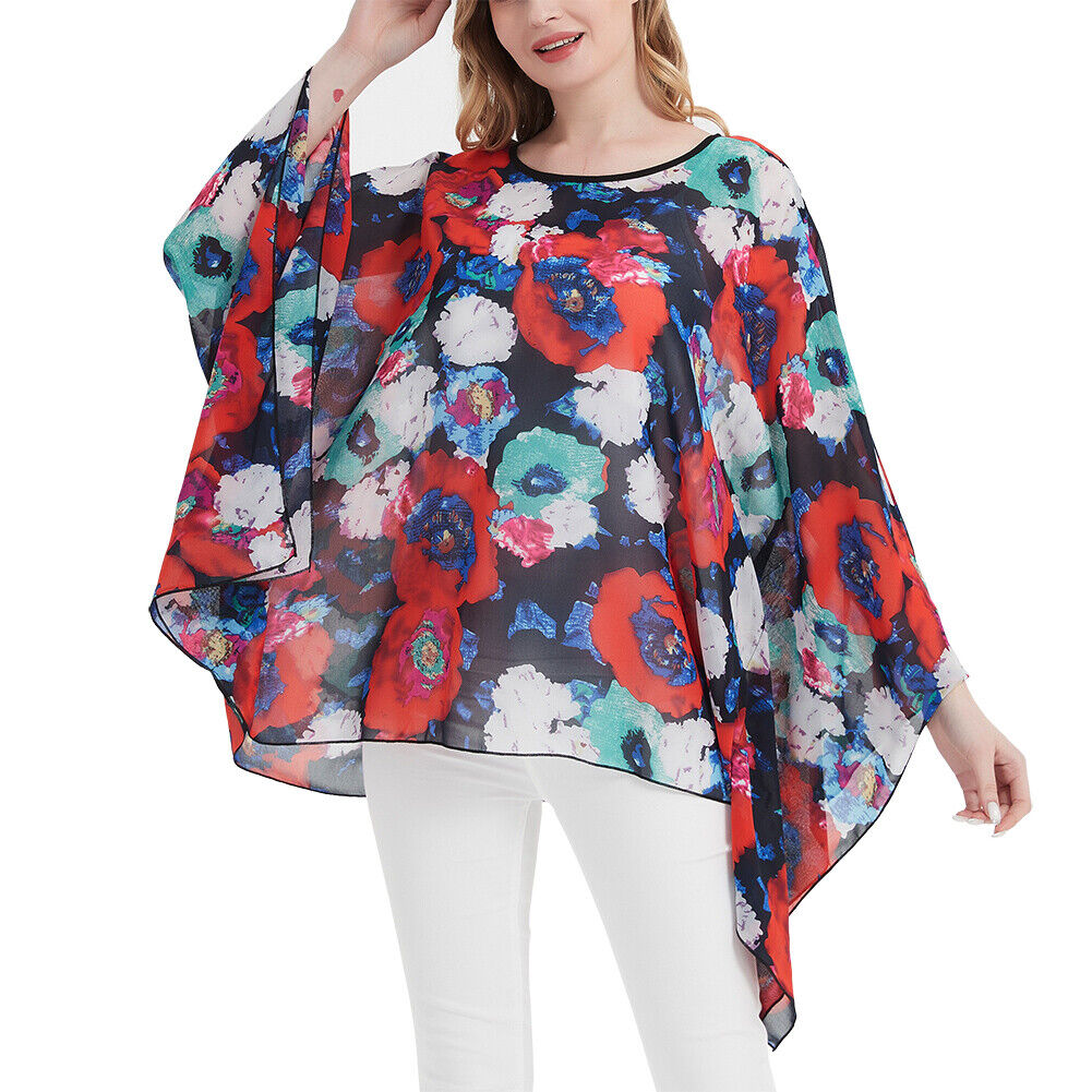 Summer Women's Chiffon Caftan Poncho Tunic Top Solid Semi Summer Women's Chiffon Caftan Poncho Tunic Top Solid Semi