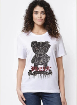 New Women Luxury Diamond Crazy Bear Rhinestones Black White T-Shirt High Quality