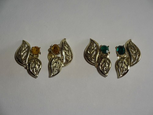 2 pary vintage zielone złoto cyrkonie złoty klips kolczyki 3/4" x 1-3/8" - Zdjęcie 5 z 6