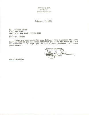 ANTHONY EARL - Governor of Wisconsin (83-87) - Autograph Letter