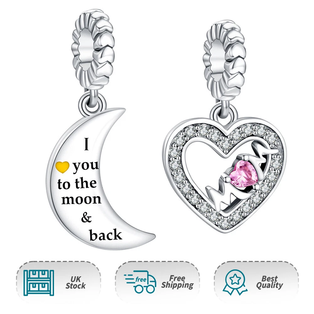 Authentic 925 Sterling Silver Love Mom Heart Moon Dangle For Charm