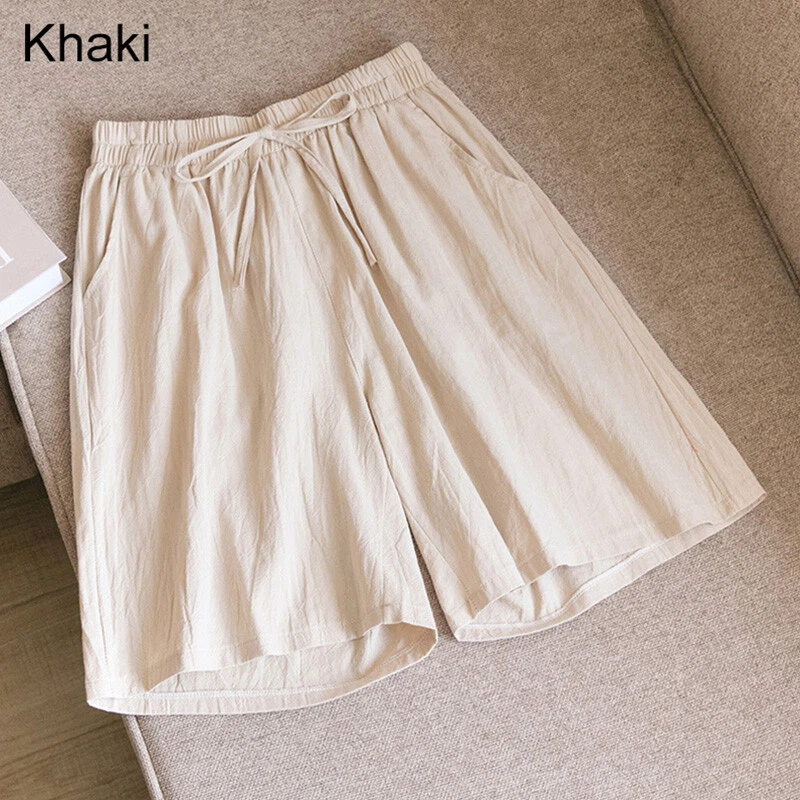 Womens Cotton Linen Shorts Drawstring Elastic High Waist Wide Leg Casual Pants - Image 3 of 4