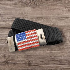 Rhinestone American Flag Buckle Black Canvas Web Belt