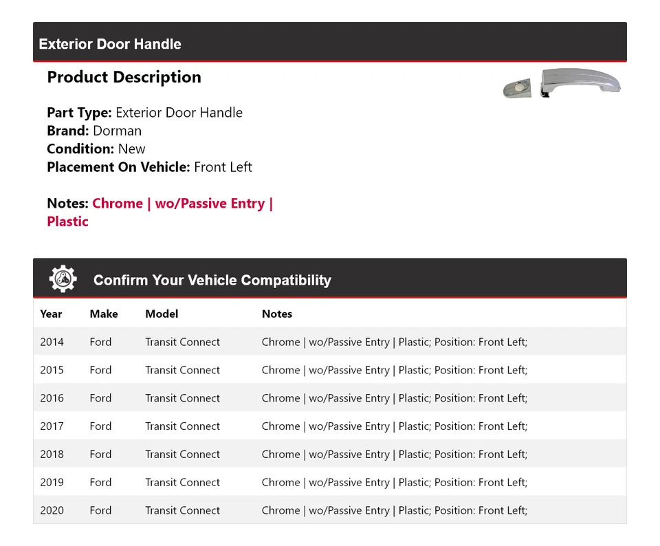 Передняя левая ручка внешней двери для Ford Transit Connect Dorman 2014-2020 годов выпуска 2015 - Изображение 2 из 4
