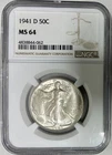 1941-D Silver Walking Liberty Half Dollar, NGC MS-64