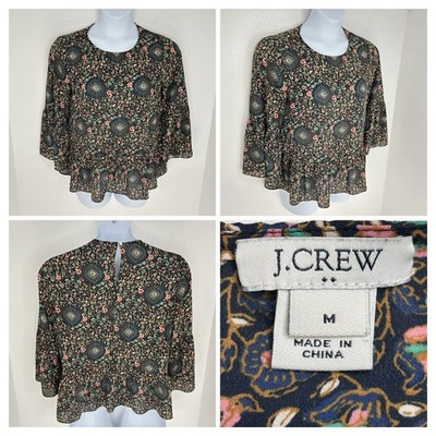 J. Crew Floral Medallion Print Peplum Bell Sleeve Blouse Size Medium Boho Hippie